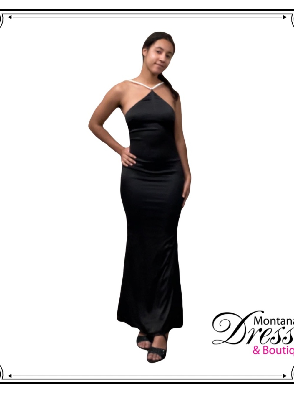 Black satin dress with beaded halter neck.